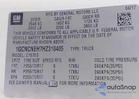 2017 Chevrolet Silverado 1500 Wt из США, поврежденный, VIN 1GCNCNEH7HZ310405